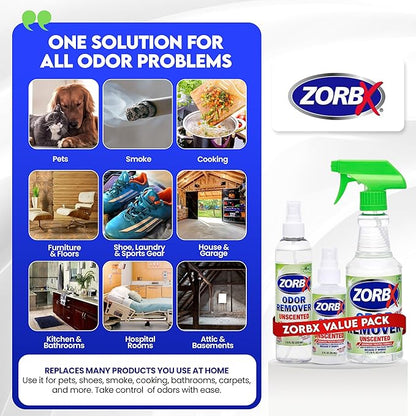 ZORBX Unscented Odor Eliminator for Strong Odor 16 Oz + 7.5 Oz + 2 Oz - Used in Hospitals &amp; Healthcare Facilities - Advanced Formula, Fast-Acting Odor Remover Spray for Dog, Cat, House &amp; Carpet