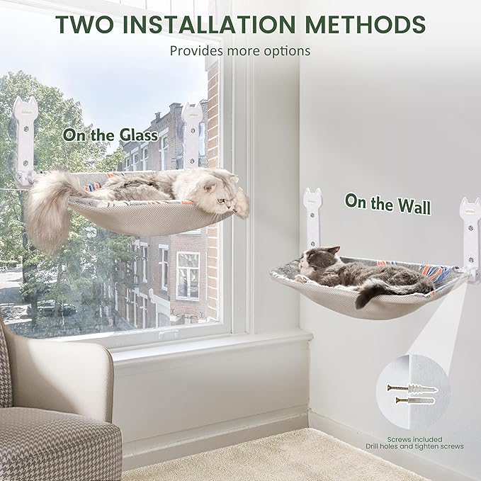 2 Pack Cat Window Perch, Glow in The Dark Foldable Cat Hammock with Sunken Design &amp; Removable Soft Cover, Breathable Cordless Window Bed for Resting Indoor Kitten (Shallow Perch, 2 Pack - L)