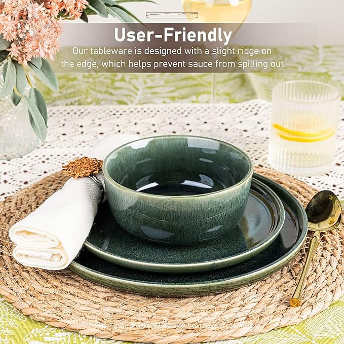 GBHOME Ceramic Dinnerware Sets for 6, 18 Pieces Stoneware Plates and Bowls Sets, Reactive Glaze Dishes -Scratch Resistant, Dishwasher&amp;Microwave Safe, Earth Green