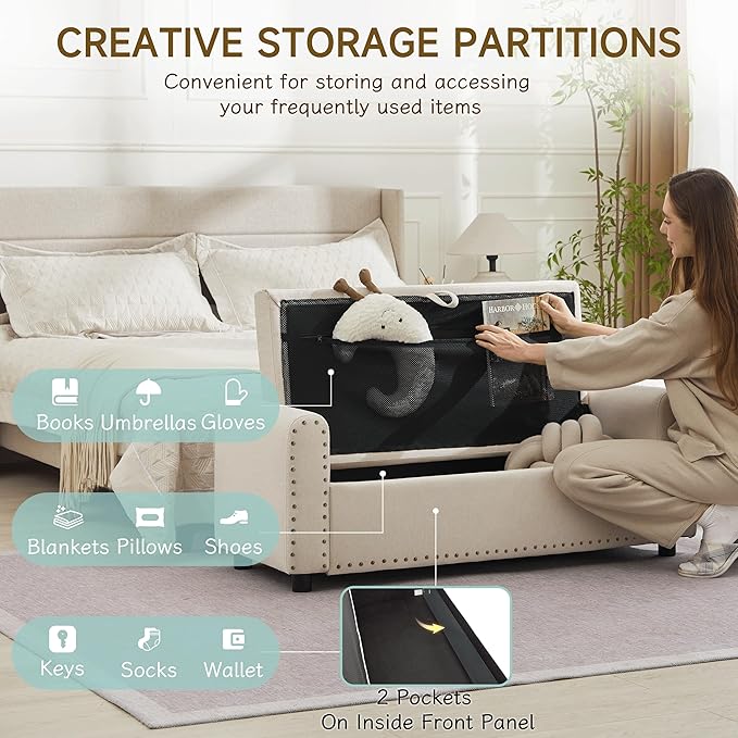 Ottoman with Storage, Tufted Storage Bench for Bedroom, 48" Fabrics End of Bed Bench, Upholstered Entryway Shoe Benches with Rolled Arm &amp; Inner Zipper, Window Ottomans Chest with Rivets, Beige