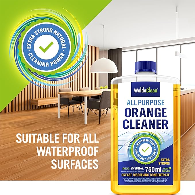 Orange Oil Cleaner Concentrated 25.36 fl oz (1 : 1000) - makes up to 200 Gallons Multi-Use Adhesive &amp; Grease Remover, Custom-Dilution Citrus Degreaser for Floors, Kitchen &amp; Bath
