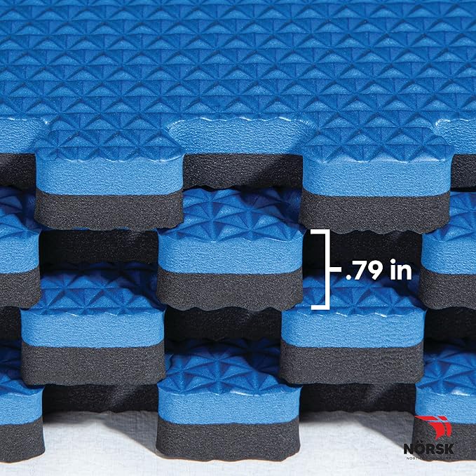 Norsk Reversible Gym Exercise Mats 3/4" Thick EVA Interlocking Foam Tiles, Perfect Home Gym Flooring, 24 Tiles &amp; 48 Trim Pieces, 96 Sq. Ft. Reversible, Dazzling Blue/Black