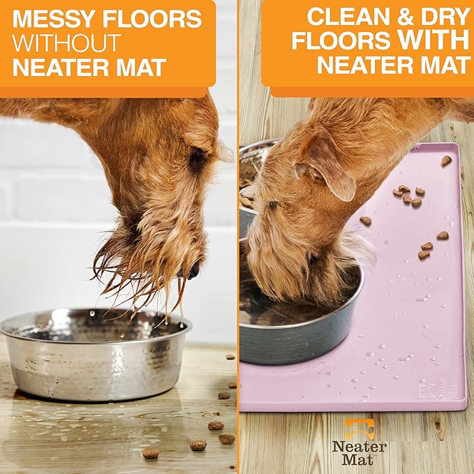 Neater Pet Brands Neater Mat Pet Mats for Food and Water, Cat &amp; Dog Bowl Mat Waterproof Silicone, Feeding Tray, Dog Food Mats for Floors, Placemat w/Raised Edge for Under Bowls, 24" x 16", Light Pink