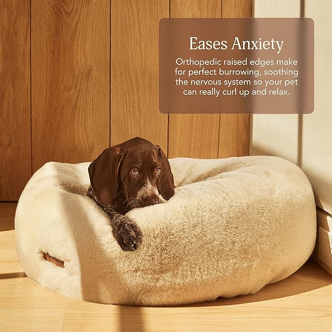 UnHide Floof Pet Bed - Medium (28" x 10") - Extra Soft Dog Bed - Removable Faux Fur Cover - Machine Washable - Helps Ease Pet Anxiety &amp; Provides The Perfect Sleep - Beige Bear