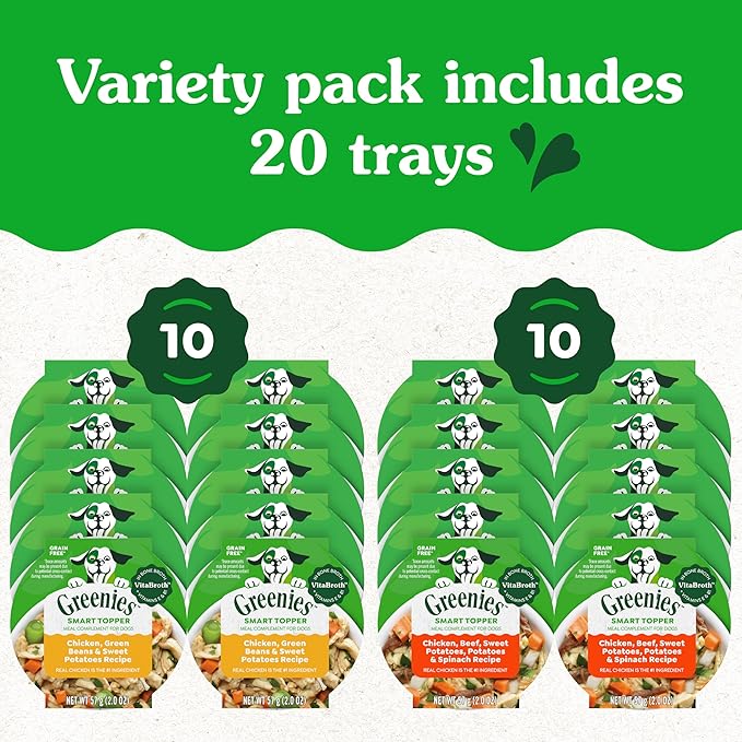 Greenies Smart Topper High Protein Wet Mix-in for Dogs, Chicken, Green Beans, and Sweet Potatoes Recipe &amp; Chicken, Beef, Sweet Potato &amp; Spinach Recipe Variety Pack, 20 Trays of 2oz.