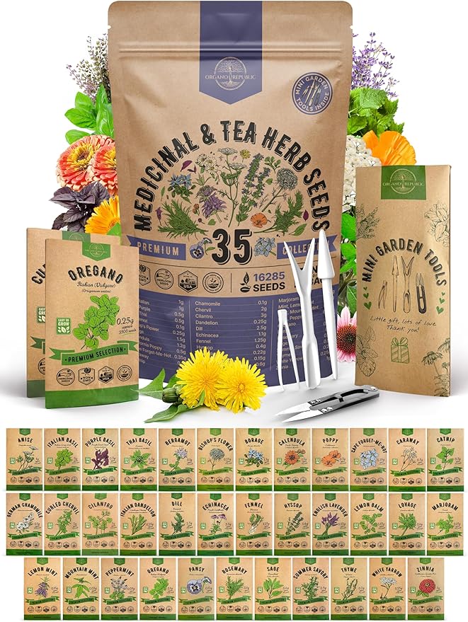 35 Medicinal &amp; Tea Herb Seeds Variety Pack for Indoor &amp; Outdoors. 16,335+ Non-GMO Heirloom Garden Seeds: Anise, Bergamot, Borage, Cilantro, Chamomile, Dandelion, Rosemary Seeds &amp; More