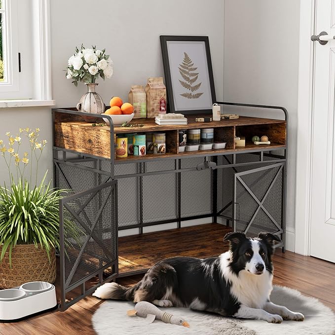 Dog Crate Furniture, 48" Heavy Duty Wooden Dog Crate End Table, XL Dog Kennel Furniture Large Breed, Decorative Dog Kenne Indoor with 3 Drawers &amp; Steel Tubes 48" L x28 W x36 H (Rustic Brown)