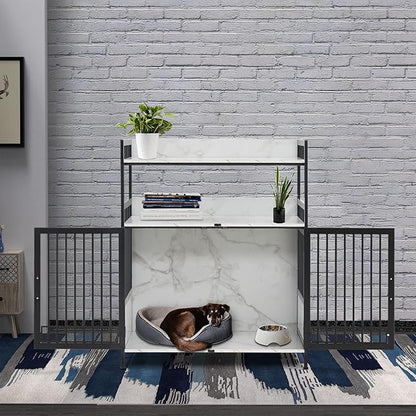MCombo Furniture Style Dog Crate with Storage Shelves, Heavy Duty Wooden Dog Cage End Table, Triple Doors Pet House Indoor, 1368 (White)
