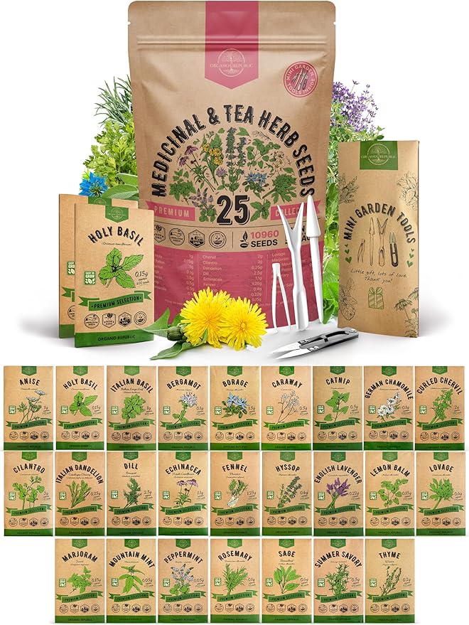 Organo Republic 25 Medicinal &amp; Tea Herb Seeds Variety Pack for Indoor &amp; Outdoors. 10900+ Non-GMO Heirloom Garden Seeds: Anise, Borage, Cilantro, Chamomile, Dandelion, Rosemary, Peppermint Seeds