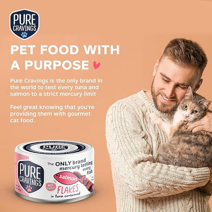 Salmon Flakes in Tuna Consommé, Canned Wet Cat Food Soup, 100% Mercury-Tested, Moist Can Fish, Grain-Free Protein, Non-GMO, 3oz, Pack of 12