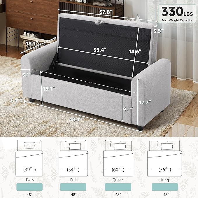 Ottoman with Storage, Tufted Storage Bench for Bedroom, 48" Fabrics End of Bed Bench, Upholstered Entryway Shoe Benches with Rolled Arm &amp; Inner Zipper, Window Ottomans Chest without Rivets, Light Grey