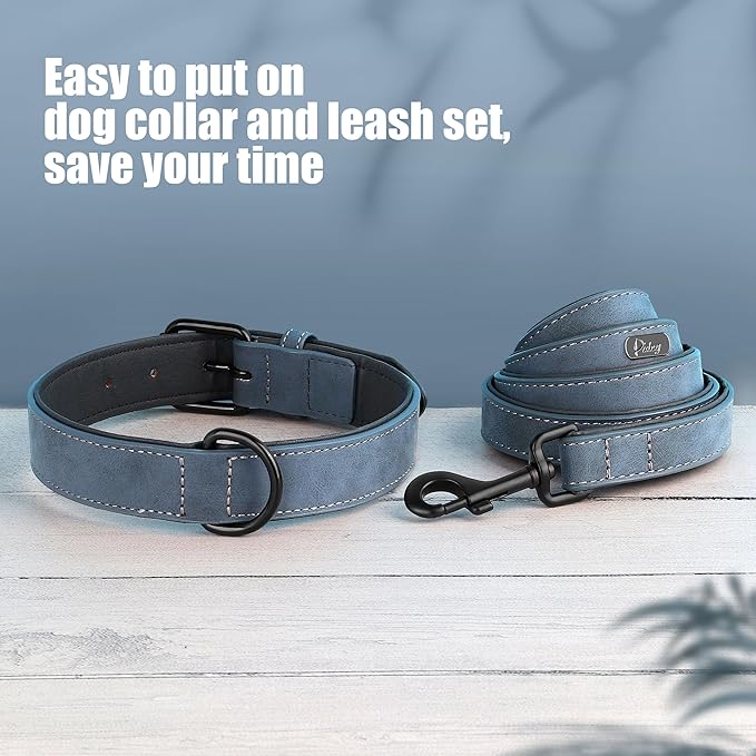 Didog Soft Padded Leather Dog Collar and Leash Set, Adjustable Dog Leash and Collar Set with Metal Buckle, Breathable Dog Collars with 4FT PU Leather Dog Leash for Small Medium Dogs, Blue, M