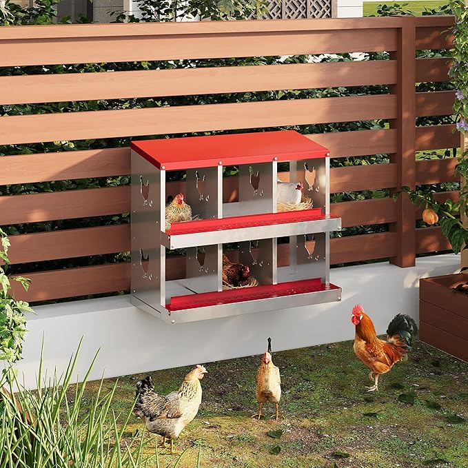 6 Hole Chicken Nesting Box with Roll Out Egg Tray, Rustproof &amp; Ventilated Chicken Laying Boxes for Hens, Chickens, Ducks | Easy-Clean Poultry Coop Accessories