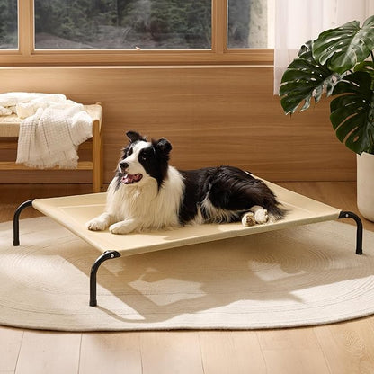 Bedsure Outdoor Elevated Dog Bed Large Sized Dog, Portable Indoor &amp; Outdoor Cooling Raised Cot Pet Hammock Bed with Skid-Resistant Feet, Frame with Breathable Mesh, Khaki, 49 inches