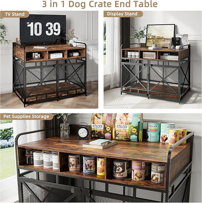 Dog Crate Furniture, 43" Heavy Duty Wooden Dog Crate End Table, XL Dog Kennel Furniture Large Breed, Decorative Dog Kenne Indoor with 3 Drawers &amp; Steel Tubes 43" L x28 W x36 H (Rustic Brown)