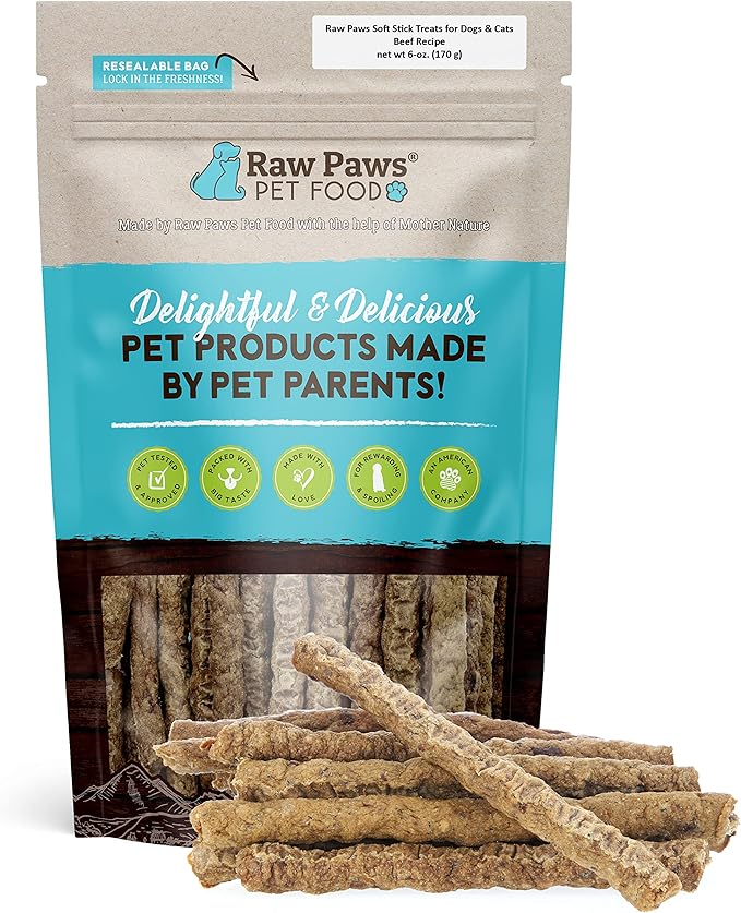 Raw Paws Grain-Free Soft Stick Treats for Dogs &amp; Cats - Beef Recipe, 6-oz - Made in USA Beef Jerky Treats - Cat Sticks - Chewy Dog Jerky Treats - Dog Sausage - Soy, Grain Free