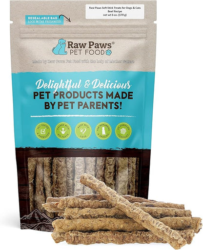 Raw Paws Grain-Free Soft Stick Treats for Dogs &amp; Cats - Beef Recipe, 6-oz - Made in USA Beef Jerky Treats - Cat Sticks - Chewy Dog Jerky Treats - Dog Sausage - Soy, Grain Free
