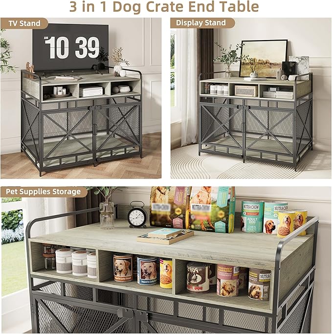Dog Crate Furniture, 43" Heavy Duty Wooden Dog Crate End Table, XL Dog Kennel Furniture Large Breed, Decorative Dog Kennel Indoor with 3 Drawers &amp; Steel Tubes 43" L x28 W x36 H (Grey)
