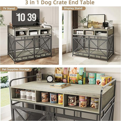 Dog Crate Furniture, 43" Heavy Duty Wooden Dog Crate End Table, XL Dog Kennel Furniture Large Breed, Decorative Dog Kennel Indoor with 3 Drawers &amp; Steel Tubes 43" L x28 W x36 H (Grey)