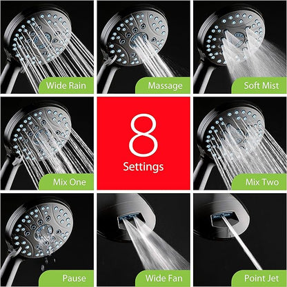 Hotel Spa AquaCare High Pressure 8-mode Handheld Shower Head, Anti-clog Nozzles - Built-in Power Wash to Clean Tub, Tile &amp; Pets, Extra Long 6 ft. Stainless Steel Hose, Wall &amp; Overhead Brackets