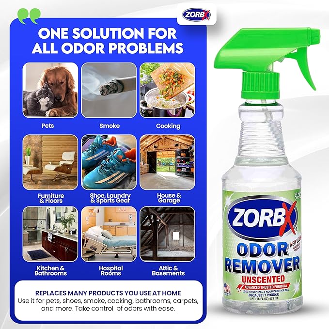 ZORBX Unscented Odor Eliminator for Strong Odor 16 oz - Pack of 2 - Used in Hospitals &amp; Healthcare Facilities - Advanced Trusted Formula, Fast-Acting Odor Remover Spray for Dog, Cat, House &amp; Carpet