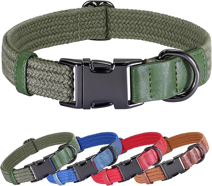 PET ARTIST Soft Cotton Dog Collar for Large Dogs in Stylish Green, Simple Dog Collar with Quick Release Metal Buckle &amp; D Ring, L Size (15-23")