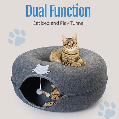 Meow Mansion Large Cat Cave Donut - Cat Tunnel; up to 30lbs - 3 Toy Balls &amp; Hanging Ball Included - Scratch Resistant, Detachable and Cleanable Cat Donut Bed