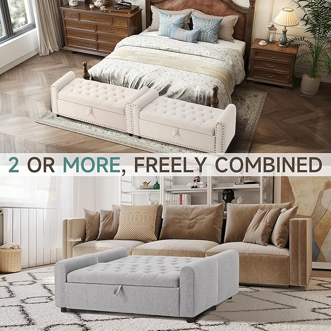 Ottoman with Storage, Tufted Storage Bench for Bedroom, 48" Fabrics End of Bed Bench, Upholstered Entryway Shoe Benches with Rolled Arm &amp; Inner Zipper, Window Ottomans Chest without Rivets, Light Grey