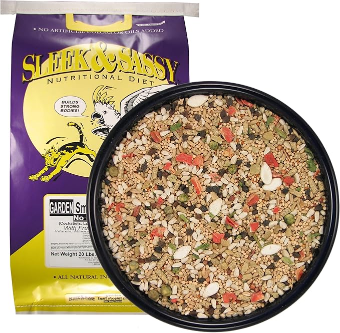 SLEEK &amp; SASSY Garden Small Hookbill No Sunflower Bird Food for Lovebirds, Cockatiels, Quaker Parrots &amp; Small Conures (20 lbs.)