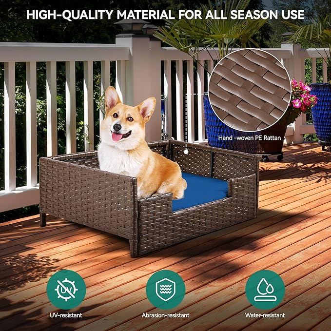 YITAHOME Rattan Dog Sofa Bed with Cushion,Wicker Pet Bed Sofa Couch Indoor Outdoor Water Unaffected for Large Medium Small Dogs Cats (24.8&