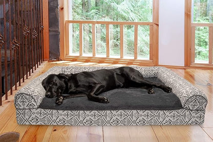 Furhaven Orthopedic Dog Bed for Large Dogs w/ Removable Bolsters &amp; Washable Cover, For Dogs Up to 125 lbs - Plush &amp; Southwest Kilim Woven Decor Sofa - Boulder Gray, Jumbo Plus/XXL