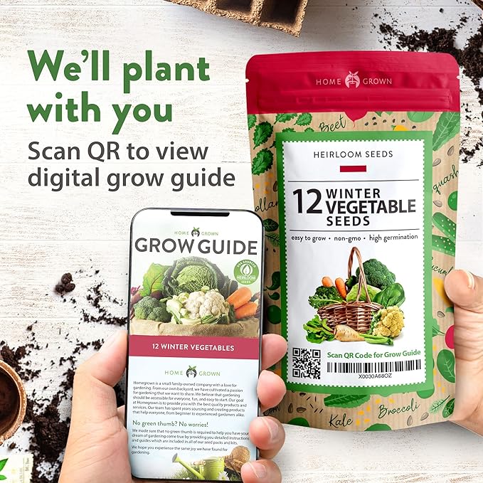 HOME GROWN 12 Winter Vegetable Seeds 𝗡𝗢𝗡-𝗚𝗠𝗢 Heirloom,Fall &amp; Winter Vegetable Seeds for Planting Home Garden: Bean, Beet, Broccoli, Cabbage, Carrot, Cauliflower, Kale,Parsnip,Squash,Chard &amp; More