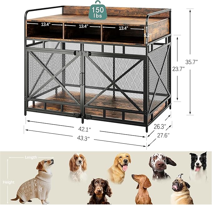 Dog Crate Furniture, 43" Heavy Duty Wooden Dog Crate End Table, XL Dog Kennel Furniture Large Breed, Decorative Dog Kenne Indoor with 3 Drawers &amp; Steel Tubes 43" L x28 W x36 H (Rustic Brown)