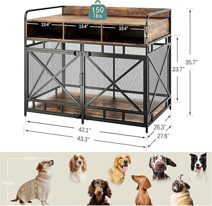 Dog Crate Furniture, 43" Heavy Duty Wooden Dog Crate End Table, XL Dog Kennel Furniture Large Breed, Decorative Dog Kenne Indoor with 3 Drawers &amp; Steel Tubes 43" L x28 W x36 H (Rustic Brown)