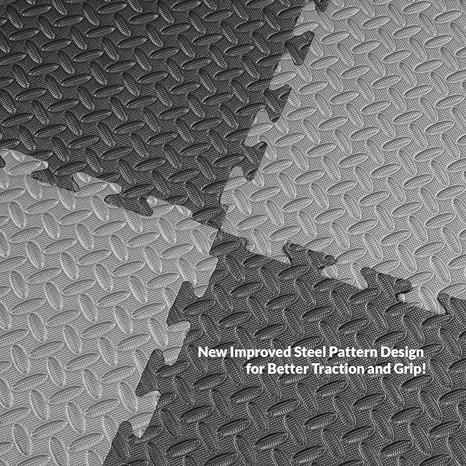 Xspec 1" Extra Thick 48 sq ft Reversible EVA Gym Foam Floor Mat Tiles (24" x 24"), Steel Pattern, 12 pcs, Black &amp; Grey