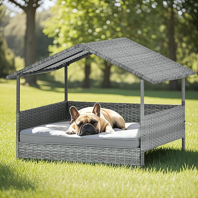 Wicker Dog House Outdoor Indoor with Canopy, Elevated Dog Shelter &amp; Dog Bed with Light Gray Cushion, Water-Resistant Raised Pet House for Small Medium Dogs, Rattan Dog Cot for Deck, Patio, Yard, Pool