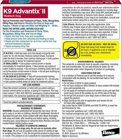 K9 Advantix II Medium Dog Vet-Recommended Flea, Tick &amp; Mosquito Treatment &amp; Prevention | Dogs 11-20 lbs. | 1-Mo Supply