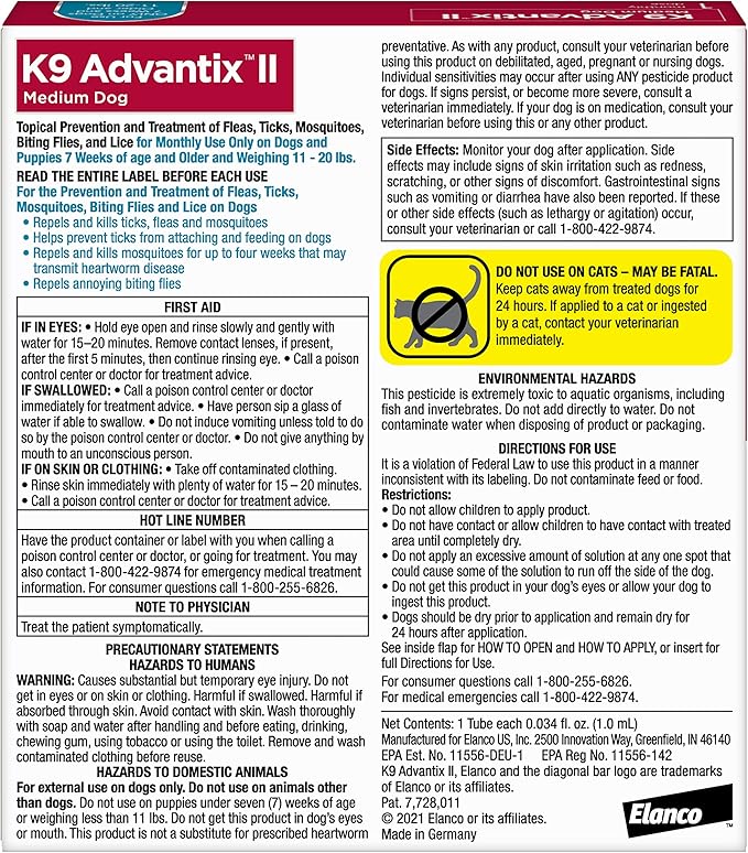 K9 Advantix II Medium Dog Vet-Recommended Flea, Tick &amp; Mosquito Treatment &amp; Prevention | Dogs 11-20 lbs. | 1-Mo Supply (Pack of 3)