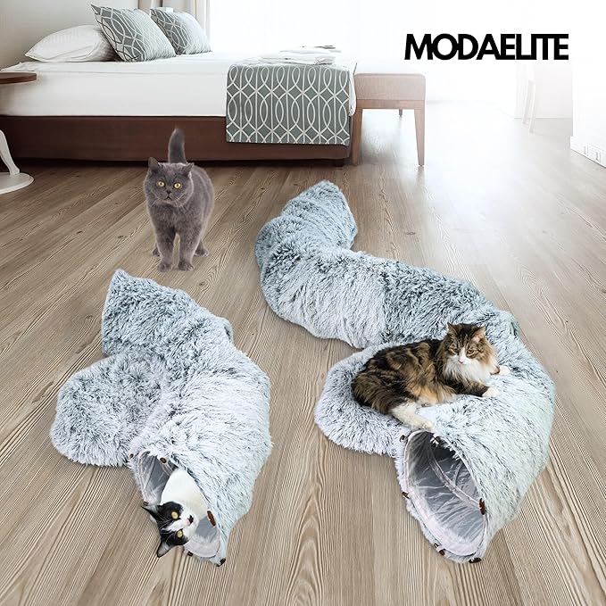 Cat Donut Bed with Washable Cushion – Cat Caves for Indoor Cats – Collapsible Donut Bed with Peekaboo Pet Tunnel &amp; Tunnel Toy – Cozy Hideout for Kittens, Ferrets, Rabbits &amp; Dogs – Grey