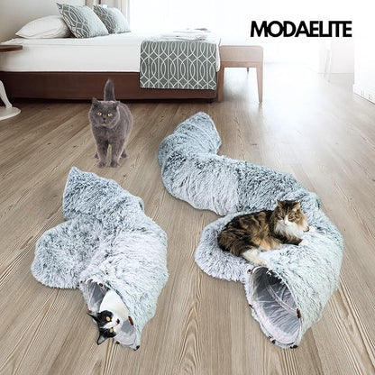 Cat Donut Bed with Washable Cushion – Cat Caves for Indoor Cats – Collapsible Donut Bed with Peekaboo Pet Tunnel &amp; Tunnel Toy – Cozy Hideout for Kittens, Ferrets, Rabbits &amp; Dogs – Grey
