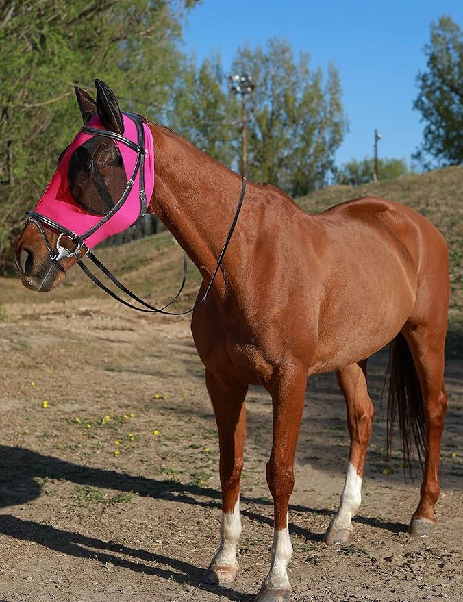 Horse Fly Mask Generous&amp;Fine Mesh Eye Covers and Ears Elasticity Mask Snug Fitting Comfortable Breathable Lightweight Equine Stretchy Protection for Horses Hot Pink Full Size