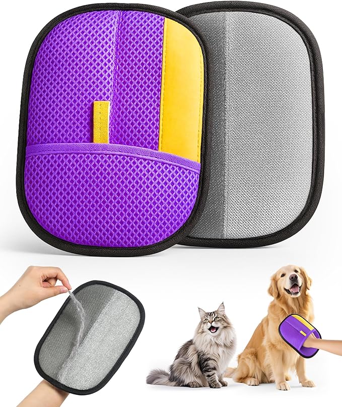 2025 Thickened Electrostatic Pet Hair Removal Gloves (2 Pcs) - Reusable Strong Grooming Gloves for Cats &amp; Dogs, Hair Remover for Couch, Furniture, Carpet, Car Seats &amp; Clothing (Purple)
