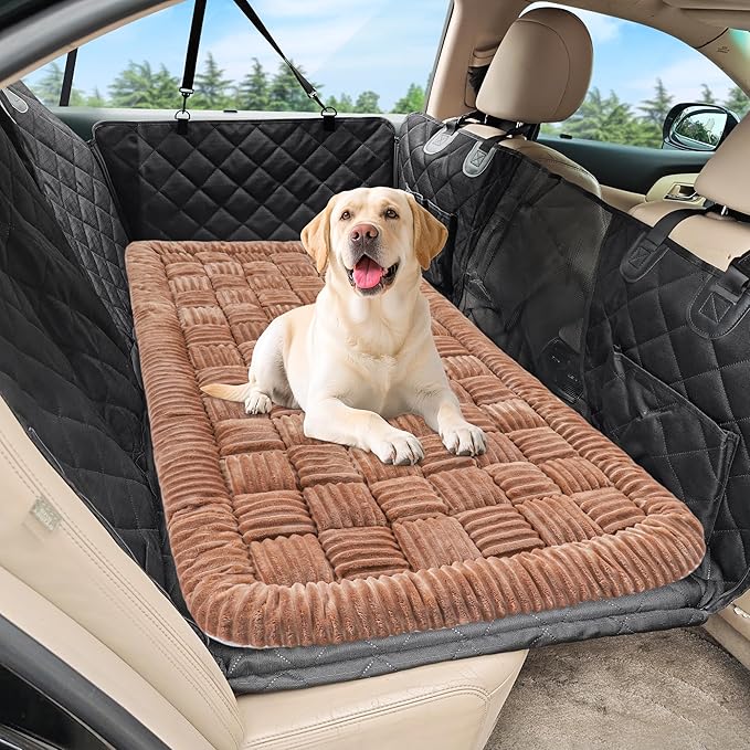 Dog Car Bed Mat, Non-Slip Backseat Extender Pet Blanket, Plaid Dog Bed for Trucks, Sedans &amp; Large SUVs, Chew-Resistant Travel Pad for Dogs, Easy Clean &amp; Scratch-Proof &amp; Comfort（56"x28.7" Brown