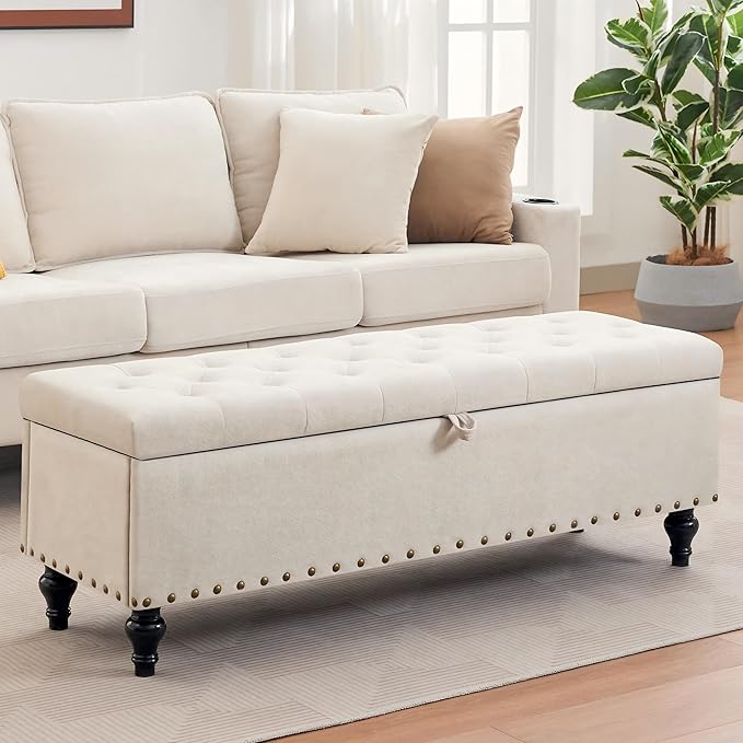 Mangodan51” Linen End of Bed Storage Bench, Tufetd Upholstered Storage Ottoman Bench with Safety Hinge, 330 lb Large Ottoman with Storages for Living Room, Entryway &amp; Bedroom, Window Benches, Beige