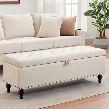 Mangodan51” Linen End of Bed Storage Bench, Tufetd Upholstered Storage Ottoman Bench with Safety Hinge, 330 lb Large Ottoman with Storages for Living Room, Entryway &amp; Bedroom, Window Benches, Beige