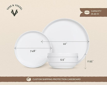 Ceramic Dinnerware Set, 12-Piece Service for 4, Soup Bowls (31.5 oz), Salad Plates (7.5"), Dinner Plates (10.5"), Round, Microwave and Dishwasher Safe, White, Cambridge Classics