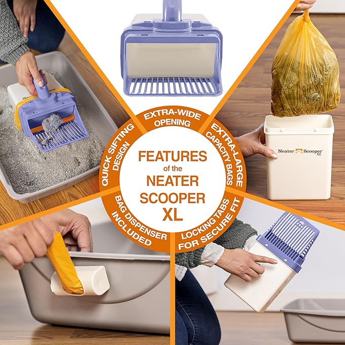 Neater Pet Brands Neater Scooper XL Cat Litter Scoop, 60 Refill Bags – Extra-Large Capacity Mess-Free Cat Litter Scooper with Bag for Large &amp; Multiple Cats, Spill-Proof Litter Box Scooper with Holder
