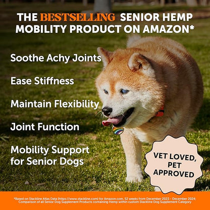 Senior Hemp Hip &amp; Joint Supplement for Dogs - Dog Joint Supplement with Hemp Oil &amp; Powder, Glucosamine, Collagen, MSM &amp; Green Lipped Mussel - Mobility for Senior Dogs (Chicken 90)