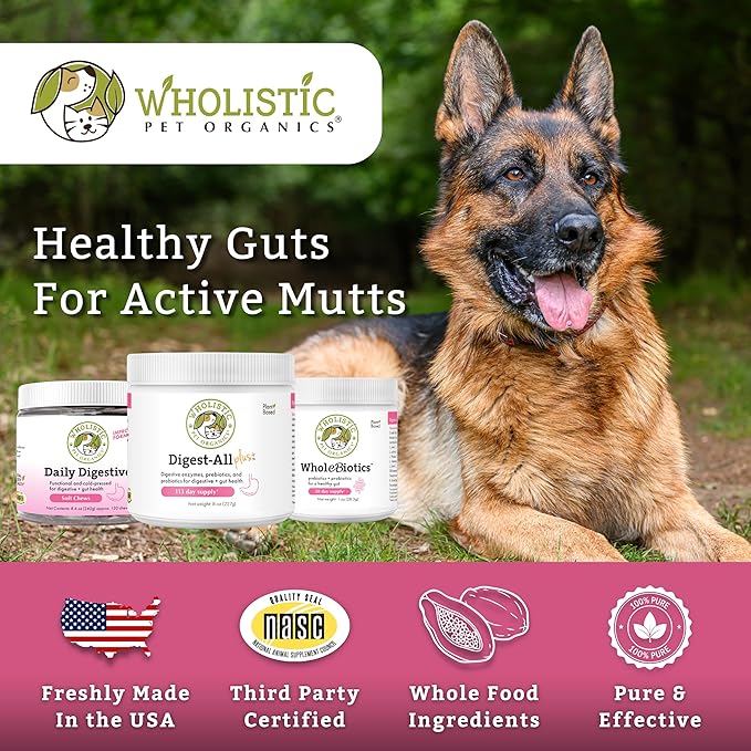 Wholistic Pet Organics Probiotics for Dogs with Digestive Enzymes &amp; Prebiotic Fiber - 8 Oz - Daily Cat &amp; Dog Probiotics for Digestive Health, Anti Diarrhea &amp; Gut Support - Natural Powder Supplement