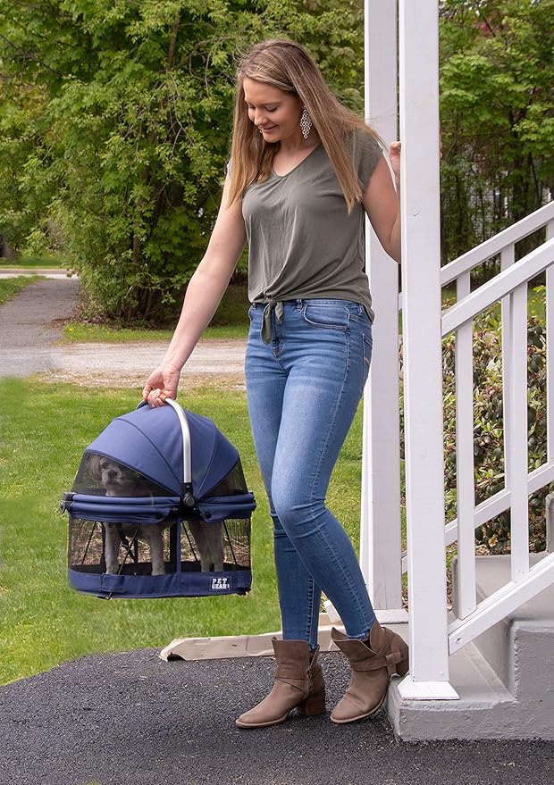 Pet Gear No-Zip View 360 Pet Safety Carrier &amp; Car Seat for Small Dogs &amp; Cats Push Button Entry, View 360 20-inch, Navy